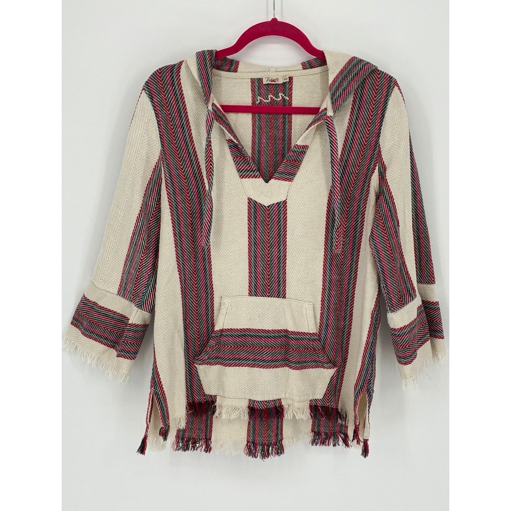 Faherty M Baja Hoodie Cotton Serape Striped Poncho Pullover Boho Beach Fringe